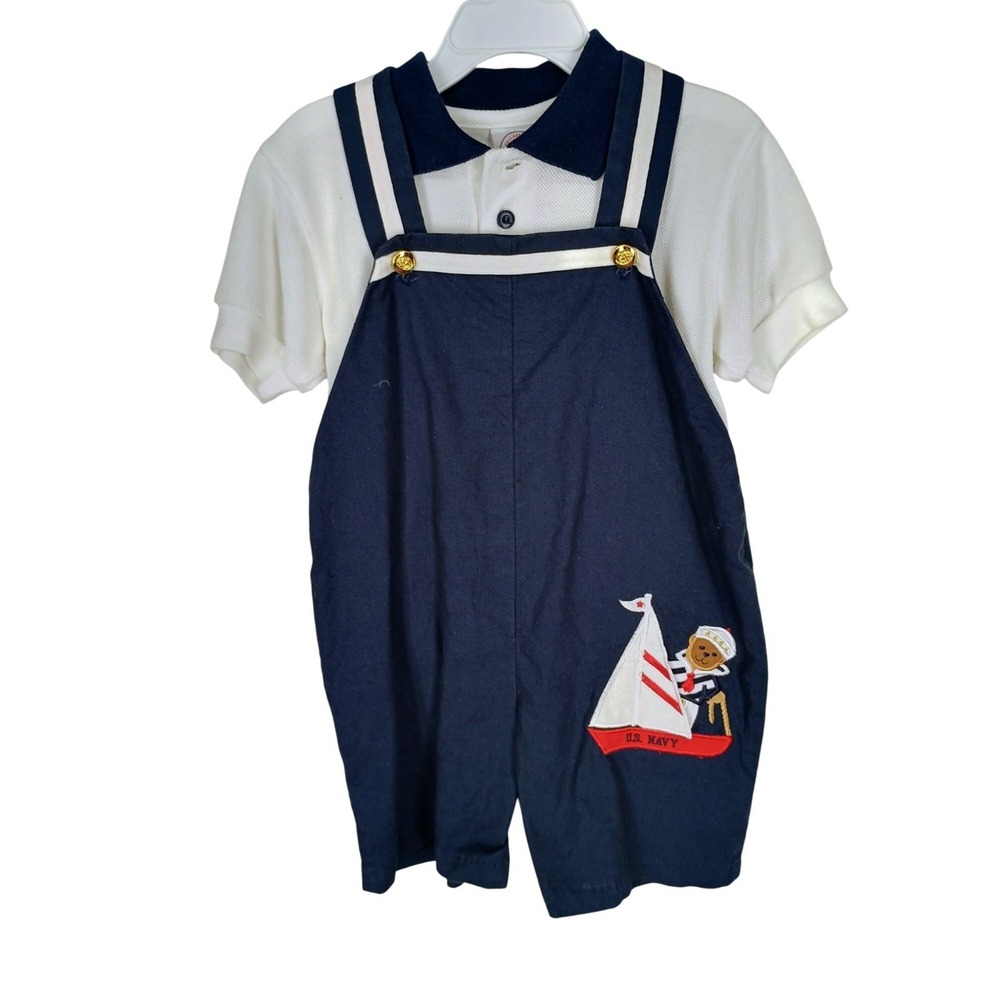 Vintage Goodlad U.S. Navy Baby Romper Set White Polo Shirt & Navy Overalls Embro